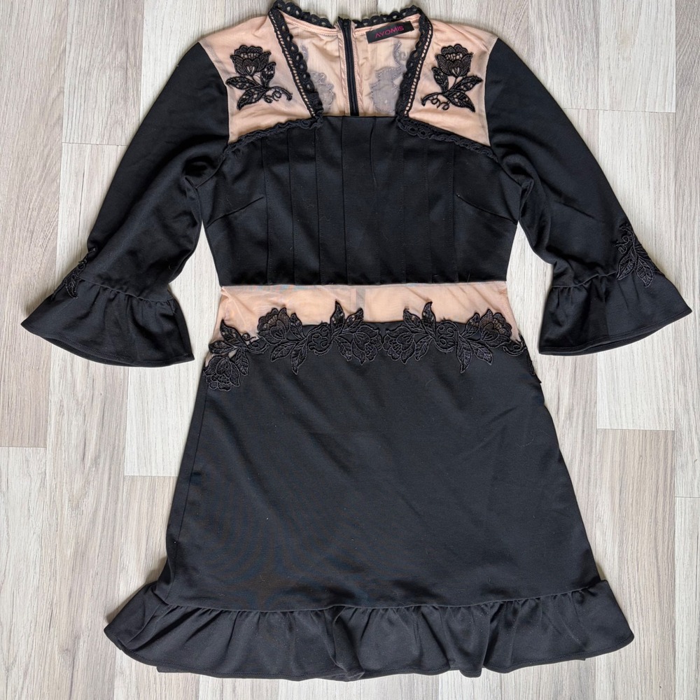 Ayomis Black Lace Mesh Floral Applique Ruffle Mini Dress Bell Sleeve 3/4 Sleeve